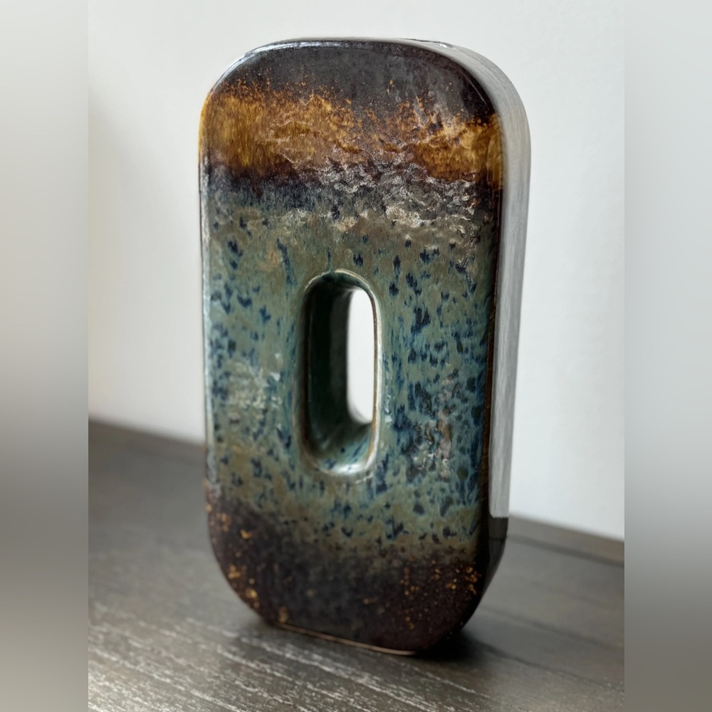 Artistic Open Oval Ceramic Vase with Blue, Brown and Gold Ombré